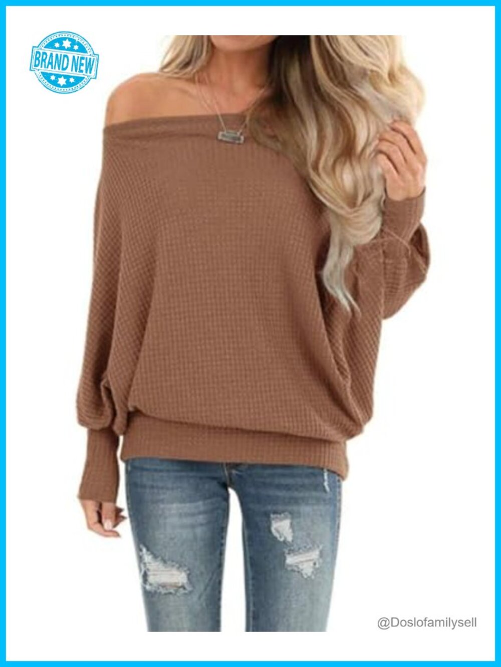 Waffle Knit Off Shoulder Oversized Sweatshirt Tunic Top
